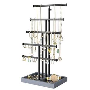 lot 15921 image: Love-KANKEI Jewelry Organizer Stand, 5 Tier Large Necklace Holder with Wood Base, Jewelry holder stand Tree for Display, Bracelets Earrings Rings, Height Adjustable Gift Weathered Grey