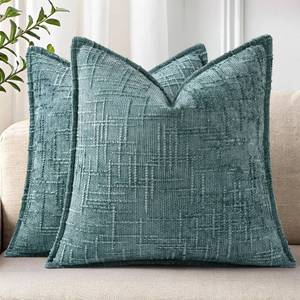 lot 16341 image: decorUhome Chenille Throw Pillow Covers 16x16 Set of 2, Thick Textured Slubby Neutral Decorative Pillow Covers with Elegant Design for Couch, Sofa, Living Room, Teal