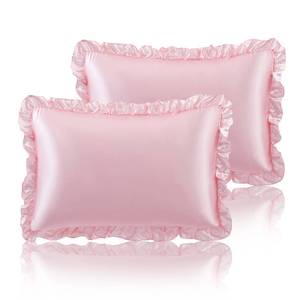 lot 16343 image: SiinvdaBZX Ruffled Queen Satin Pillowcase Set of 2, Blush Pink Silky Satin Pillow Cases for Women Ruffle Pillow Shams Covers Princess Room Decoration, with Envelope Closure