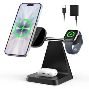 lot 16361 image: Charging Station for Multiple Devices Apple  3 in 1 Magnetic Wireless Charger Stand for MagSafe - NightstandOffice Charging Dock for iPhone 17 16 15 14 13 12 Pro Max Plus&Apple Watch&Airpods(Black)