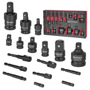 lot 16377 image: BILITOOLS Socket Adapter Set 17 Piece includes Reducer, Universal Joint Socket Set, Drill Adapter 14 38 12