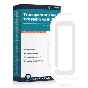 lot 16393 image: Ceeport Waterproof Transparent Film Dressing with Pad 10 Pack, 4x8 Large Bandages Adhesive Patches, Wound Cover Patches for Post Surgical, IV Shield, Tattoo Aftercare Bandage