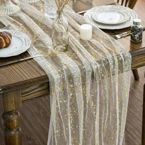 lot 16395 image: Artoid Mode Beige Gold Gauze Table Runner 120 Inch 10FT, Glitter Metallic Foil Sheer Dining Wedding Anniversary Holiday Birthday Table Decor for Home Party