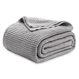 lot 19861 image: Bedsure Gentlesoft 100% Cotton Blanket Queen Size for Bed - Cooling Breathable and Soft for Spring Summer, Thick Cozy Waffle Weave Blanket Gifts for Women, Grey, 90x90 Inches