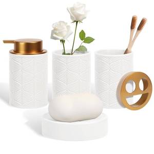 lot 19880 image: Kukikan Ceramic Bathroom Accessories Set, 4 Pcs-Includes Lotion Soap Dispenser, Toothbrush Holder, Vanity Tray, and Tumbler, Modern Bathroom Decor Organizer with Soap Dish, Apothecary Jar, White Color
