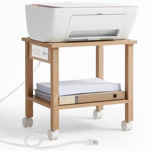 lot 19882 image: YUFAM 2 Tier Under Desk Printer Stand with Storage, Small Printer Table with Charging Station, Rolling Printer Cart Shelf with Lockable Wheels for Home, Office (Natural)