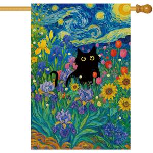 lot 20238 image: Baccessor Spring Summer Black Cat House Flag Double Sided 28x40 Inch Burlap,Starry Night Sunflowers Welcome Large Garden Flag Porch Patio Yard Seasonal Farmhouse Outside Outdoor Decor