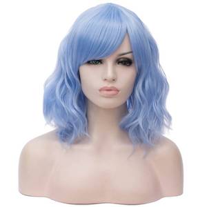 lot 20256 image: BUFASHION 14 Women Short Wavy Curly Wig Light Blue Bob Wig Cosplay Halloween Synthetic Wigs with Side Bang wig (Light Blue)
