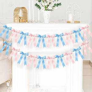 lot 20269 image: NatNarr 2 Pcs Gender Reveal Party Decor, Pink and Blue Garland Banner Satin Ribbon Party Decorations Pre-Strung Bow Decor Banner for Baby Shower Wedding Birthday Parties