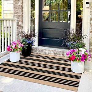 lot 20296 image: Tiveney Farmhouse 3x5 Outdoor Rug, Black and Khaki Striped Rugs Washable, Cotton Woven Reversible Front Porch Rug, Layered Doormats Carpet for Entryway Outdoor Entrance Front Door Porch Patio Decor
