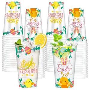 lot 20297 image: BYMIOYA 50Pcs Easter Disposable Plastic Cups 16 oz Happy Easter Clear Cups with Cute Bunny Colorful Eggs and Chick Spring Drinking Cups, Party Cups Coffee Hot and Cold Drinks Spring Party Decorations