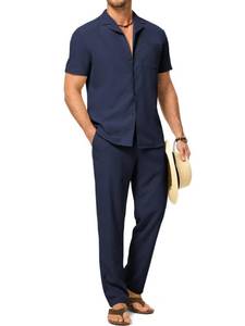 lot 20307 image: JMIERR Men Texture 2 Piece Outfit Short Sleeve Lightweight Beach Button Down Shirt Casual Pant Sets with Pocket (SHIRT ONLY)