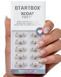 lot 20308 image: BTArtbox Press On Nails Short - Pathside Lilac, Lamp-Curable 4-Week Wear Flower White Almond Press On Nails with Glue and Adhesive Tabs, Easy-to-Apply in 16 Sizes - 32 Nails All-in-One Kit