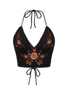 lot 20309 image: SHENHE Womens Open Back Knitted Halter Crop Top Tie Backless Embroidered Hippie Top Black A Medium (used)