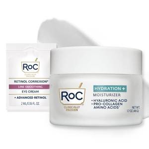 lot 20336 image: RoC Hydration Hyaluronic Acid Moisturizer Face Cream Fragrance Free Sensitive Face Moisturizer with Collagen Proteins 1.7 Ounces with Retinol Eye Cream Packette