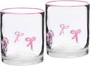 lot 19863 image: Glass Tumbler Set with Bow Design and Pink Rim