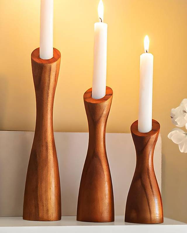 lot 22660 image: OLEEK wooden taper candle holders - wood taper candle holders for Table Centerpiece - wood candlestick holders (9, 8, 6) - wooden candlestick holder for 78 candle stick candlesticks holders woods - Retail $20