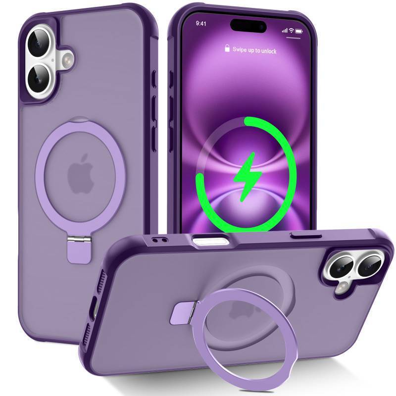lot 41372 image: CHAOFEnG Magnetic Compatible with iPhone 16 Plus Case with Stand Military Grade Drop TestedCompatible with Magnet Ring Translucent Slim Hard Back Soft Edge, Purple - Retail $30