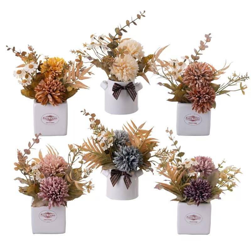 lot 50727 image: LUEUR 6PCS Artificial Fall Flowers with Ceramic Vase Mini Fake Flowers in Assorted Colors Faux Autumn Floral Arrangment, Farmhouse Decor, Table Centerpiece, Fall Decorations for Home, Office - Retail $25