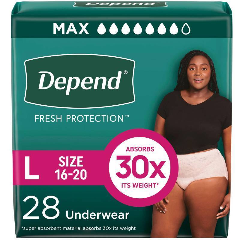 lot 50732 image: Depend Fresh Protection Adult Diapers, Incontinence & Postpartum Bladder Leak Underwear for Women, Disposable, Maximum, Large, Blush, 28 Count, Packaging May Vary - Retail $23