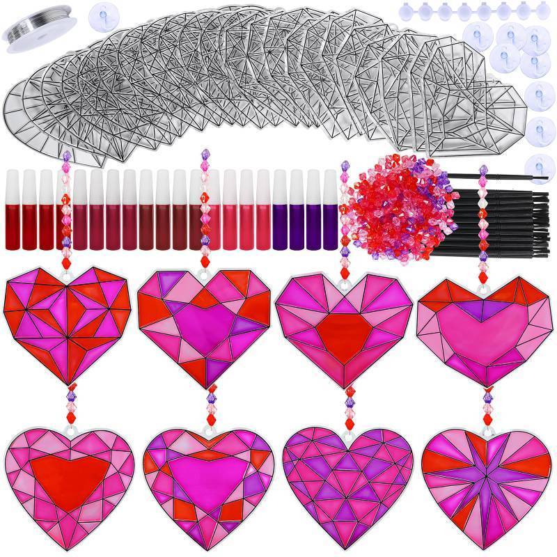 lot 58685 image: Winlyn 24 Sets Heart Suncatchers Ornaments Decorations DIY Window Paint Art Stickers Craft Kit Heart Sun Catchers for Kids Valentines Day Pirate-Themed Birthday Activities Art Project Party Favors - Retail $22