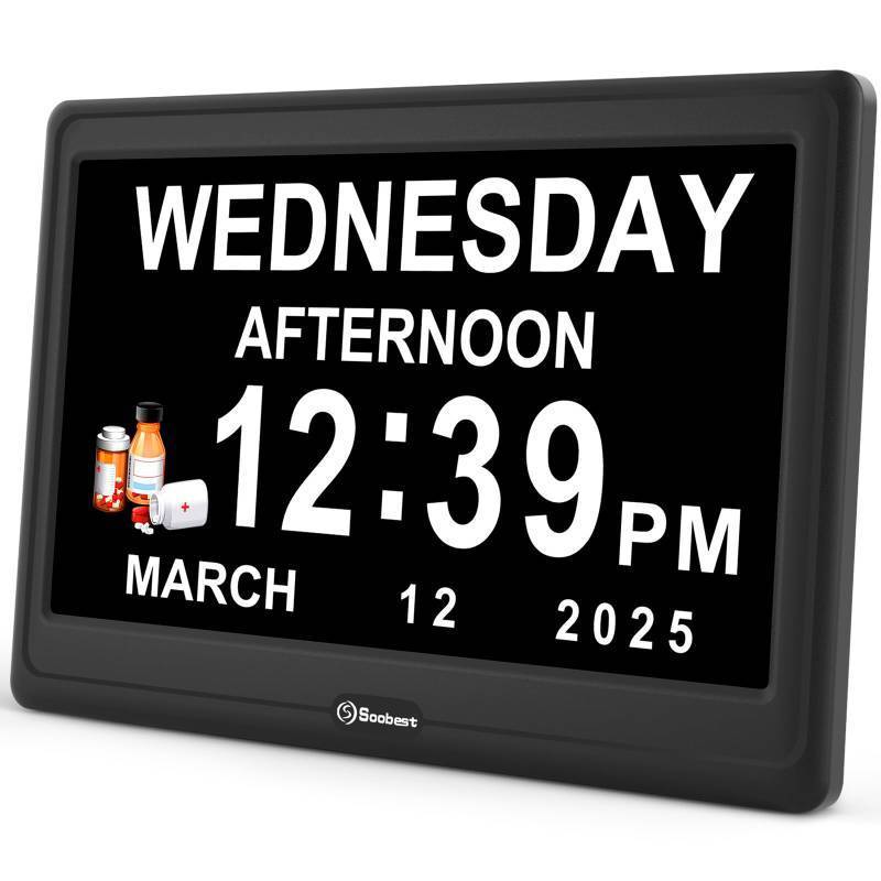 lot 7737 image: Soobest 12 Dementia Digital Clock for Seniors Extra Large, 20 Alarm Reminders Date Day Time Display for Elderly Memory Loss Alzheimers, Electric Calendar Clock, Auto DST, 1024  600P HD - Retail $55