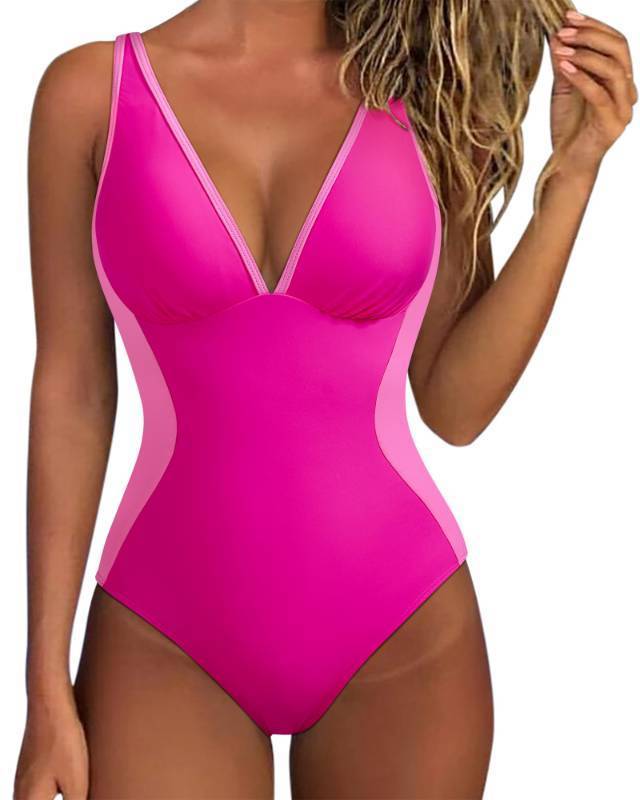 lot 41421 image: SUUKSESS Women One Piece Swimsuit Slimming Tummy Control Swimwear Deep V Neck Color Block Crisscross Back Bathing Suit 2025(Pink Colorblock Small) - Retail $35