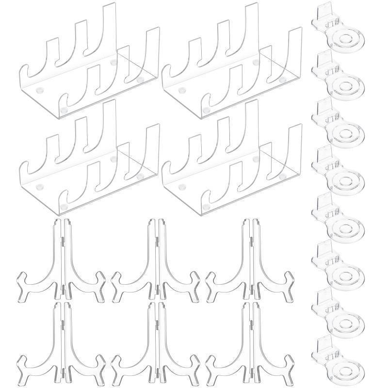lot 59964 image: RattanView 18 Pcs Acrylic China Dinnerware Display Stand 6 Pcs 7 Inch Acrylic Easel Holder 8 Pcs Tea Cup Display Stand 4 Pcs 3 Tiers China Plate Holder for Dinner Utensils Tableware, Picture - Retail $42