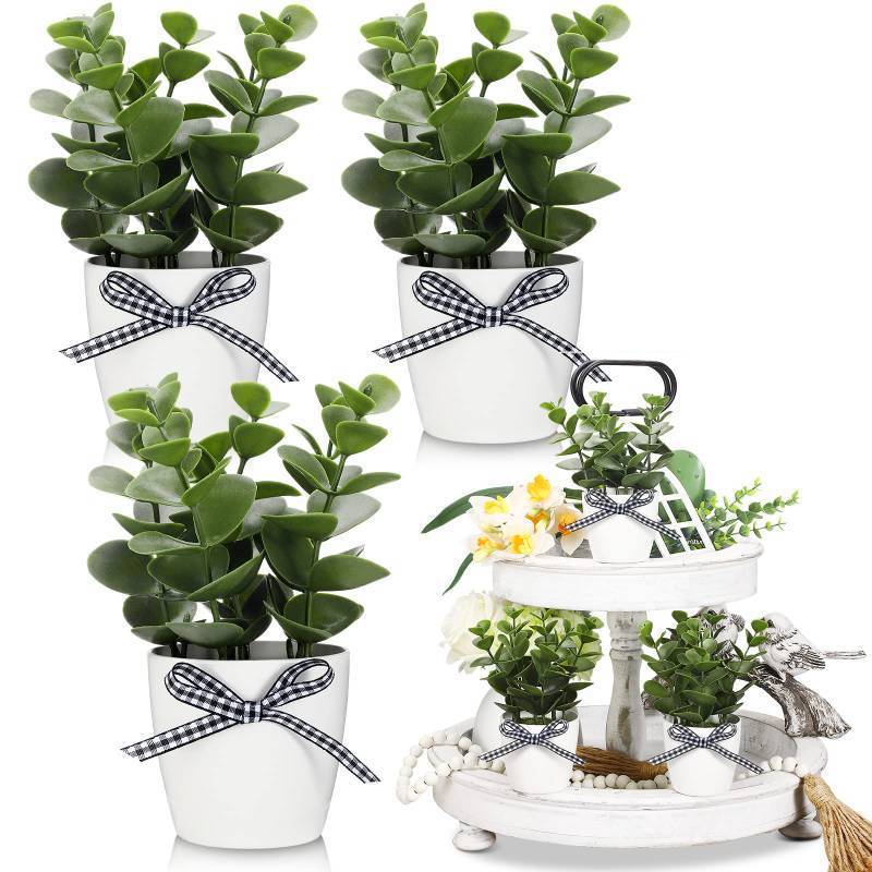 lot 7762 image: Jexine Farmhouse Tiered Tray Decor Mini Potted Eucalyptus Decor Plant Decor Items for Tiered Trays Farmhouse Artificial Plants Small Eucalyptus Decor for Home Decor (Simple Style) - Retail $17