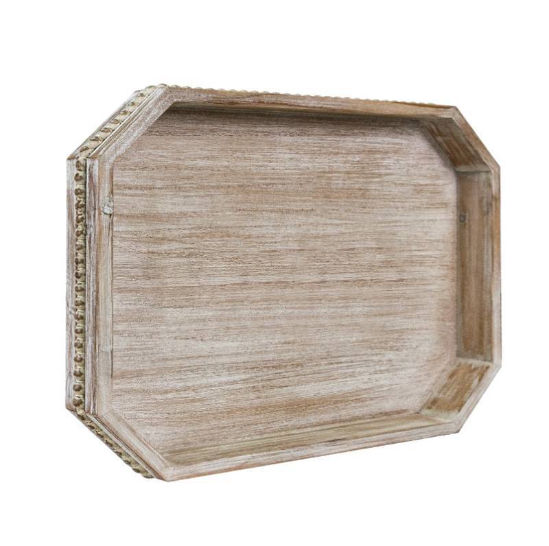lot 44820 image: MAONAME Wood Serving Tray, Farmhouse Wooden Tray for Coffee Table, Octagonal Beaded Trays, Washed White Decorative Trays for Living Room, Kitchen, 15.7 X 10.2 X 1.6 - Retail $32