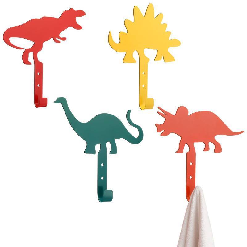 lot 44840 image: Otoolling 4 Pcs Fun Dinosaur Wall Hooks Bathroom Decor Metal Decorative Dinosaur Silhouette Shape Coat Hooks Wall Mounted for Bathroom Room Decor Nursery Towels Hats Umbrellas(Cartoon,Colorful) - Retail $18