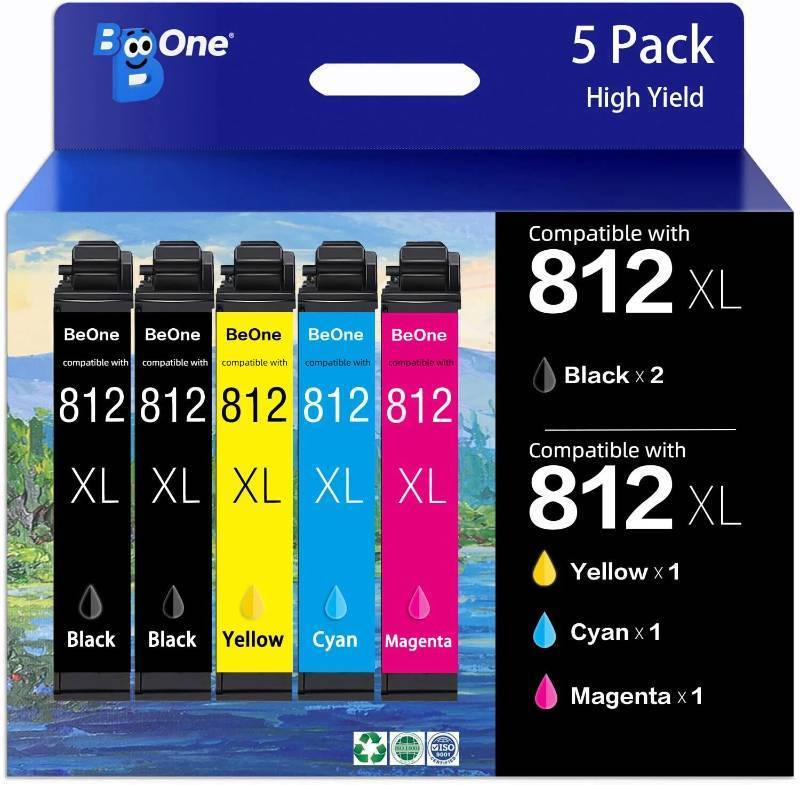 lot 44951 image: BeOne 812XL Ink Cartridges Combo Pack High Yield Remanufactured Replacement for 812xl Ink Cartridge Epson 812 812 XL Ink Cartridges for Epson WF-7840 WF-7820 WF-7310 EC-C7000 Printer (5 Pack) - Retail $36