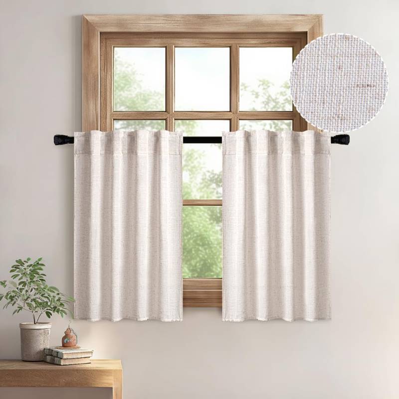 lot 44954 image: MIULEE Farmhouse Kitchen Curtains 36 Inch Length 2 Panels, Soft Thick Linen Textured Natural White Semi Sheer Light Filtering Short Cafe Tier Curtains for Small Half Window Back Tab Rod Pocket - Retail $21