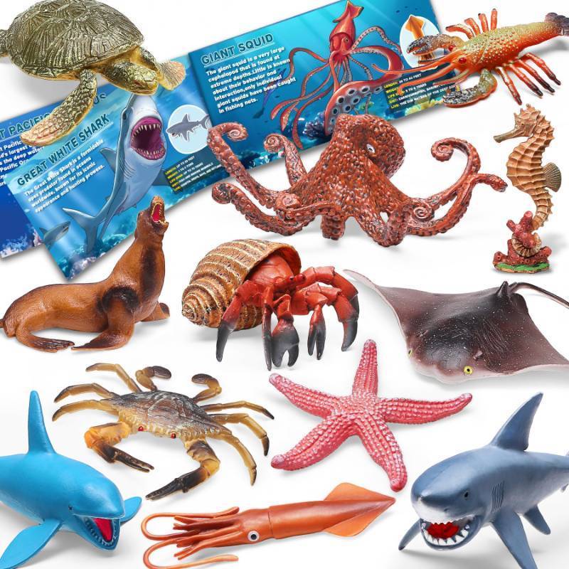 lot 44955 image: Ocean Animal Toys with Educational Booklet for Kids, Realistic Soft Plastic Creatures Model Figures for Toddler Boys Girls, Under the Sea Party Favor, Birthday Gifts Water Table Toy - Retail $16
