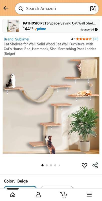lot 44957 image: Cat Wall Shelve with Scratching Post and Hammock 1 shelf only - Retail $35