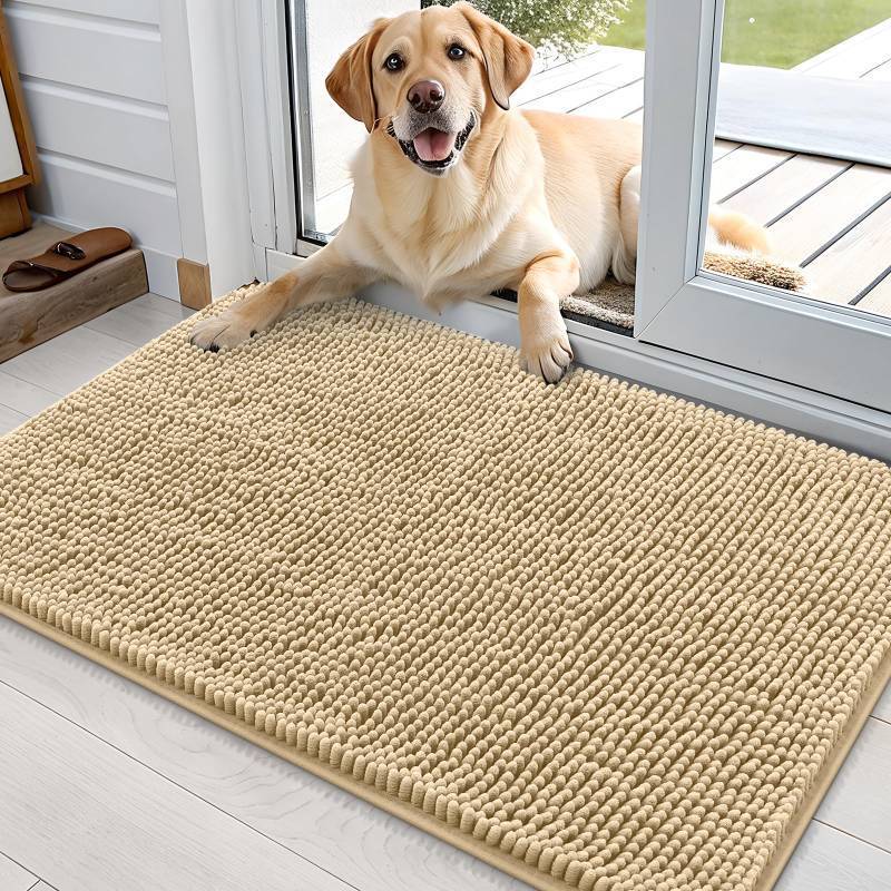 lot 44972 image: OLANLY Dog Door Mat for Muddy Paws 36x24, Absorbs Moisture and Dirt, Absorbent Non-Slip Washable Doormat, Quick Dry Chenille Mud Mat for Dogs, Entry Indoor Entryway Carpet for Inside Floor, Beige - Retail $32
