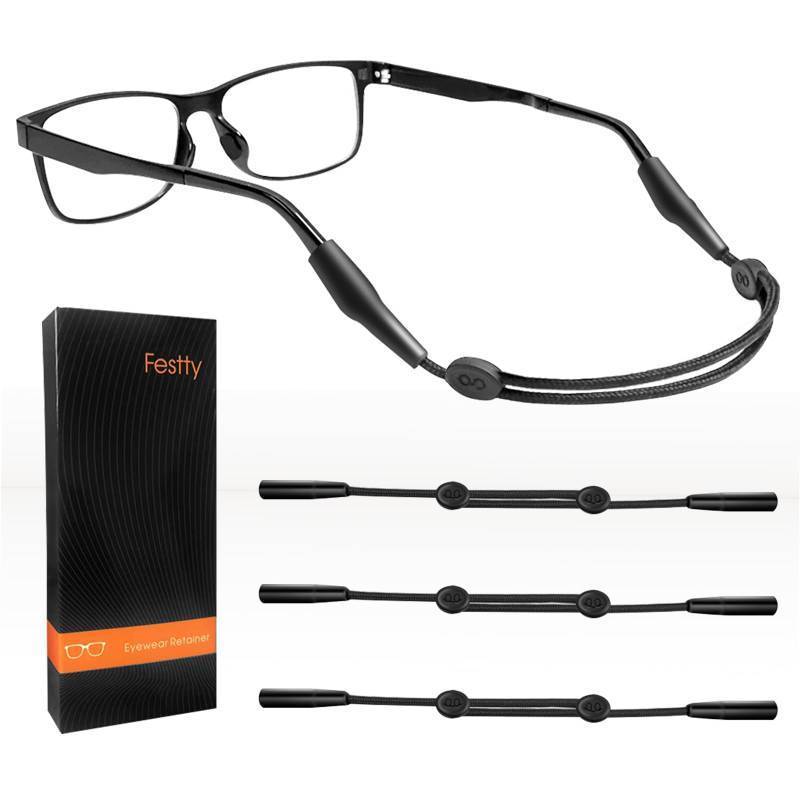 lot 58824 image: Festty Glasses Strap Sports 3 pcs, Eyeglasses Strap Holder for Kids Women Men, Adjustable Sunglasses lanyard string chain Reading eye glasses holders around neck, Eyewear Retainer (Black) - Retail $10