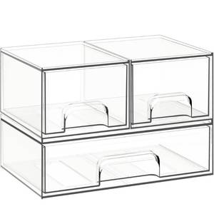 lot 16872 image: Criusia Stackable Storage Drawers, 3 Pack Clear Acrylic Makeup & Bathroom Organizer, Versatile Storage Bins for Vanity, Under Sink, Kitchen Cabinets & Pantry - Retail $36