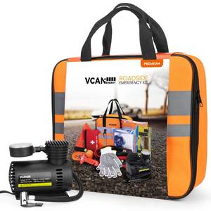 lot 16873 image: VCANENERGY Car Emergency Safety Kit Bag with Portable Air Compressor, Jumper Cables,First Aid Kit, Tire Pressure Gauge, Auto Vehicle Safety Road Side Assistance Kits Essentials,for Women, Men, Teen - Retail $60