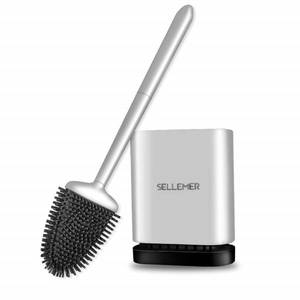 lot 41532 image: Sellemer Toilet Brush and Holder Set - Flexible Toilet Bowl Brush Head with Silicone Bristles, Compact Size for Storage and Organization, Ventilation Slots Base (1 Pack, Silver) - Retail $21