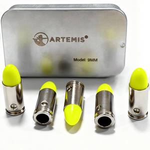 lot 41536 image: Artemis 9mm Snap Caps - Reusable Yellow-Green Dummy Rounds & Training Rounds in Metal Case for Malfunction Drills & Dry Fire Practice (5-Pack) - Retail $9