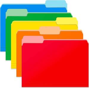 lot 41547 image: Two Tone Color File Folders 8.5 x 11 Inch, 13 Cut Tab File Folders Letter Size, Assorted Colors, Blue Red Green Yellow Orange Manila File Folders, School Business Office Folders for Document -15 Pack - Retail $8