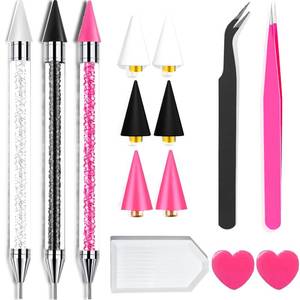 lot 41560 image: 14 Pcs Rhinestone Picker Tool - 3 Pcs Dual-head Pens with 6 Wax Tips, Useful Clay, Precision Curved and Straight Tweezers Kit for Picking Up Nail Art Gems, Stones, Crystals, and Nail Charms - Retail $9