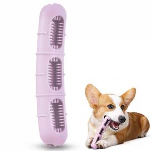 lot 41561 image: Version 2.0 Bite and Brush Dog Chew Toy - Puppy Chew Toy with Bristles for Teeth Cleaning, Interactive Dog Toy for Puppy Teething, Compatible with Most Popular Dog Dental Chews &Treats-Pink - Retail $10