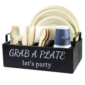 lot 45693 image: Paper Plate Holder, Utensil Caddy Organizer, Wood Paper Plate Dispenser, Silverware Caddy Holder, and Disposable Coffee Bar Accessories Box for Kitchen Counter, Party, Camping, Picnic (6 compartment) - Retail $21