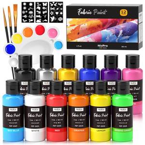 lot 45698 image: Nicpro 12 Colors Fabric Paint (1oz30ml), Permanent Soft Fabric Paint Set with Brushes, Palette, Stencils, Non-Toxic Textile Paint for Fabric DIY Crafts, T-Shirts, Shoes, Jeans, Bags, Art Supplies - Retail $10
