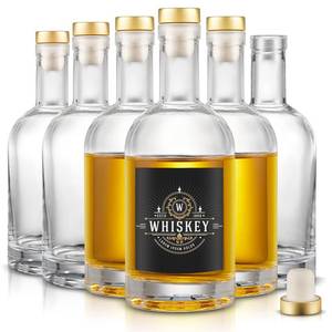lot 45701 image: Mfacoy Set of 6 Glass Bottles, 12 oz Clear Liquor Bottles, Heavy Base Glass Bottle with T-Top Cap, Vodka Bottle for Wine Beverages Drinks Oil Vinegar Kombucha Beer with Cork Stopper Airtight Lid - Retail $18