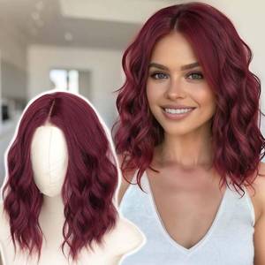 lot 45706 image: AISI HAIR 14 Inch Wine Red Wigs for Women - Shoulder Length Wave Wig with Pre-Cut Lace Hairline, Middle Part Natural Wavy Bob Synthetic Heat Resistant Fiber for Daily and Party - Retail $162
