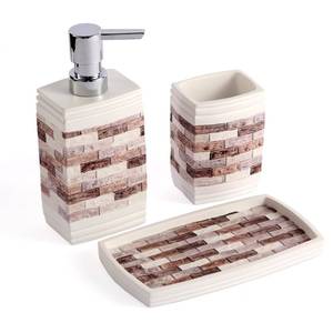 lot 45714 image: Vintage Brown Brick Pattern Bathroom Accessory Set, 3 Pcs Includes Lotion Dispenser, Toothbrush Holder, Vanity Tray,Vintage Style Bathroom Decor - Retail $19