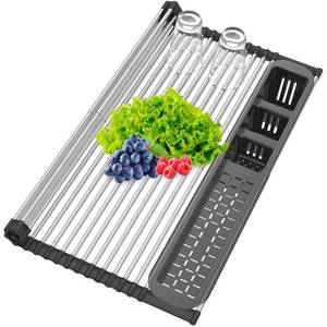 lot 50907 image: Extra Large Black Expandable Roll Up Dish Drying Rack,Over The Sink Kitchen Rolling up Dish Drainer, for Kitchen Sink Counter Foldable Sink Cover with Removable Utensil Holder(Expandable Width Size)